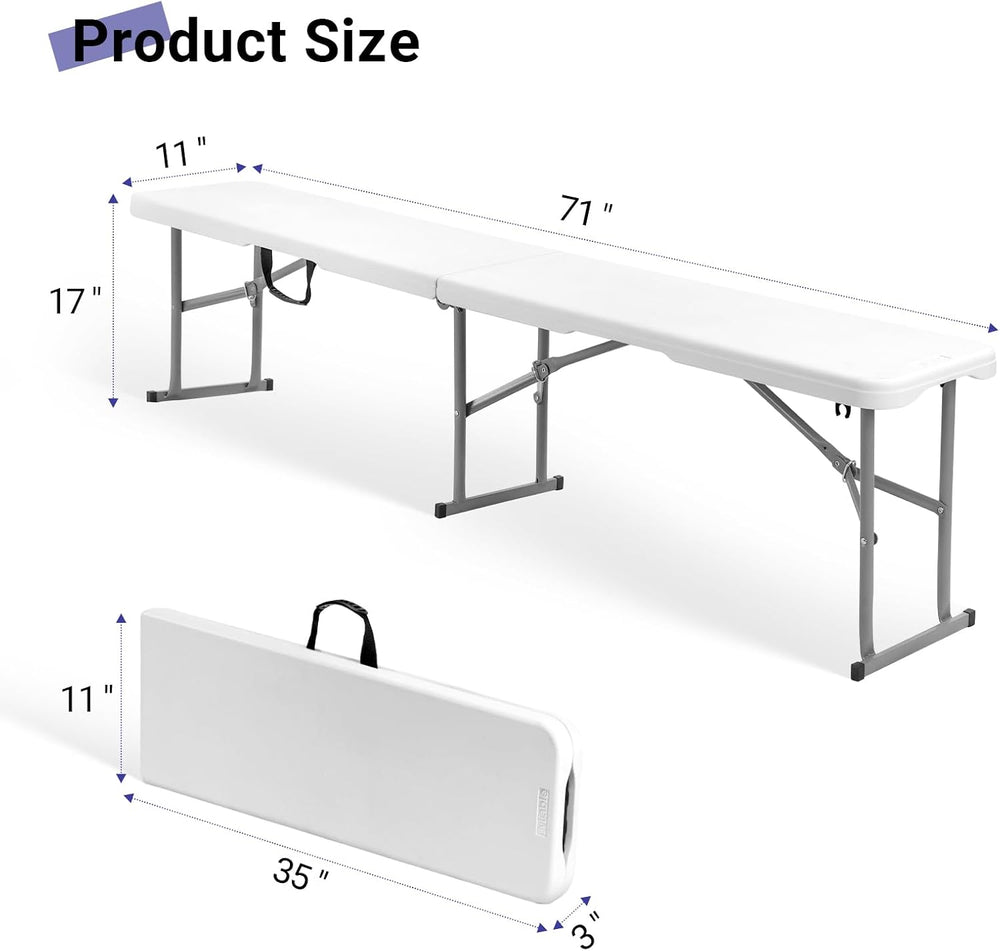 Byliable Folding Bench 6ft,Portable Plastic Bench Seat with Handle,White