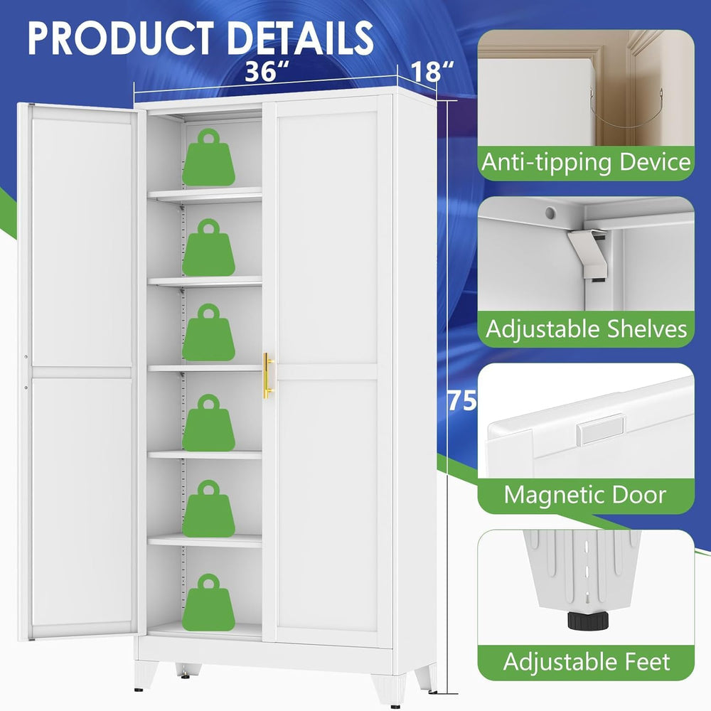 75" Metal Garage Storage Cabinet with 2 Doors and 5 Adjustable Shelves,M...