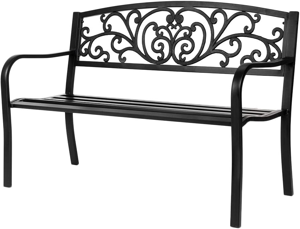 VINGLI Outdoor Bench for Patio Metal Garden Bench w/PVC Back Pattern, Black P...