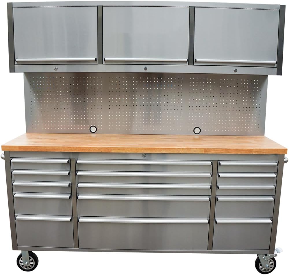 72 inch 15 Drawers Tool Chest with 3 Up Cabinet & Pegboard in Stainless S...