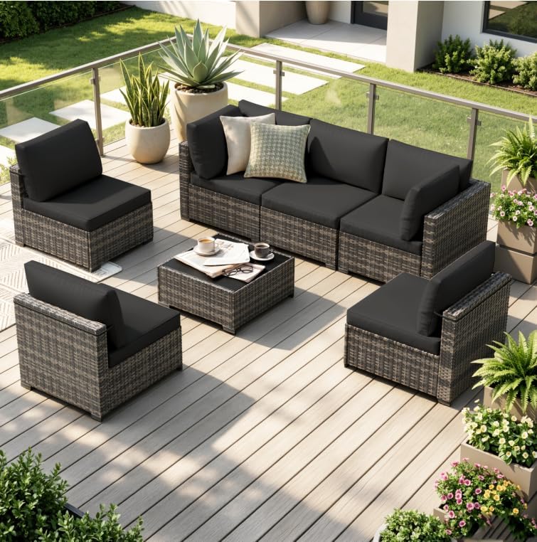 KIGOTY 7-Piece Patio Furniture Set, All-Weather PE Rattan Outdoor Sectional S...