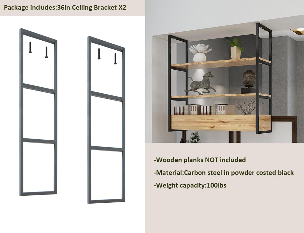 DIYHD 3-Tier Ceiling Mount Shelf Brackets,Industrial Rustic Black Storage Han...