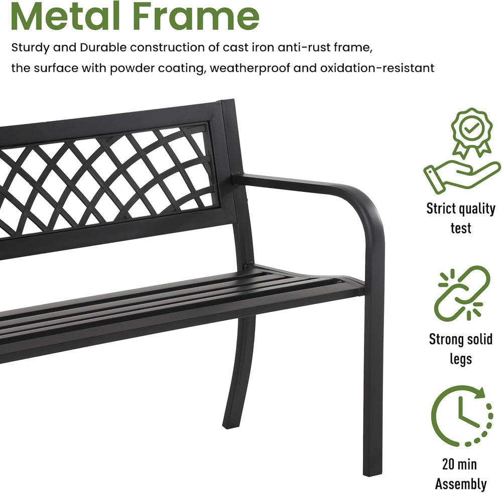 Outdoor Garden Bench, Iron Steel Frame Patio Bench with Mesh Pattern and Plas...
