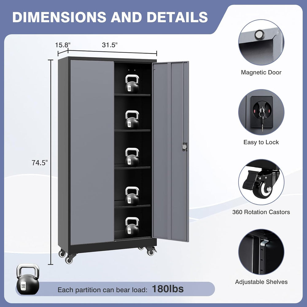 Metal Garage Storage Cabinet with Locking Doors and Adjustable Shelves, Wide ...