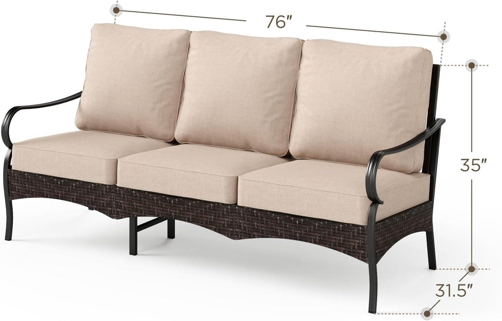 PHI VILLA Rattan Outdoor Sectional Sofa Set, Durable Steel Frame, 3 Seats
