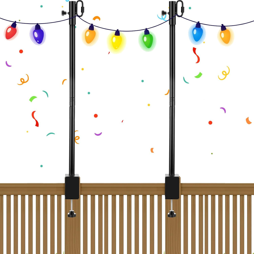 2 Pack Deck String Light Poles with Adjustable 3" Clamp, Outdoor Light P...