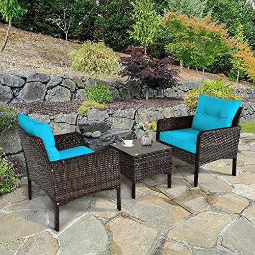 HAPPYGRILL 3 Pieces Patio Furniture Set, Outdoor Rattan Wicker Conversation S...