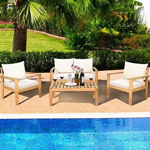 Tangkula Outdoor 4-Piece Acacia Wood Chat Set, 4 Seater Acacia Wood Conversat...