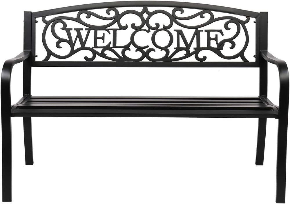 VINGLI Outdoor Bench with PVC Welcome Back Pattern, Rust-Resistant Metal Blac...