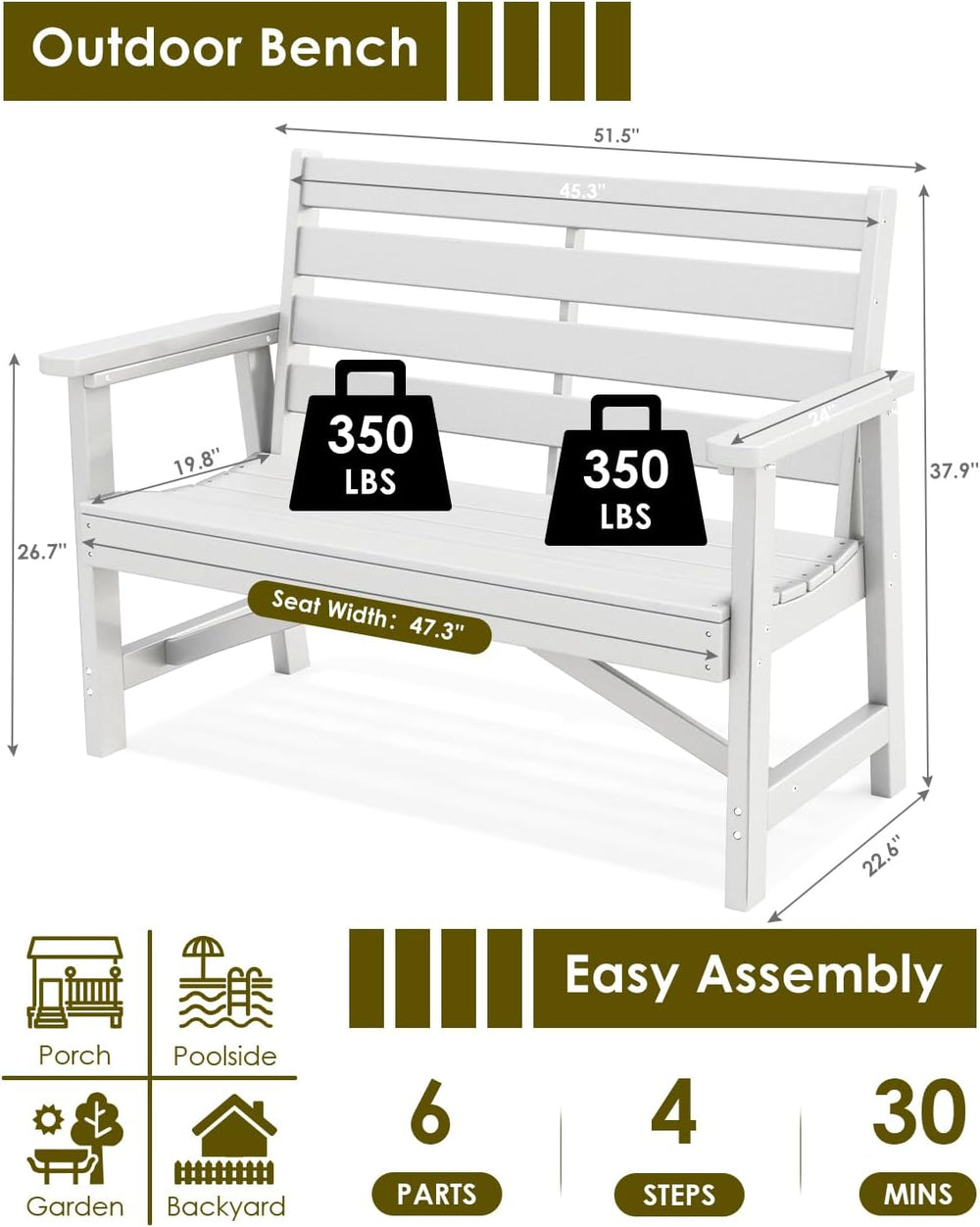 GREENVINES Outdoor Bench, 2-Person HDPE Garden Benches, White