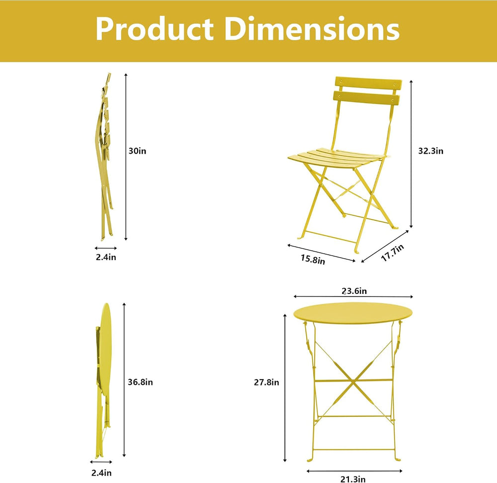 3-Piece Patio Bistro Set, Folding Outdoor Bistro Table and Chairs with Sturdy...