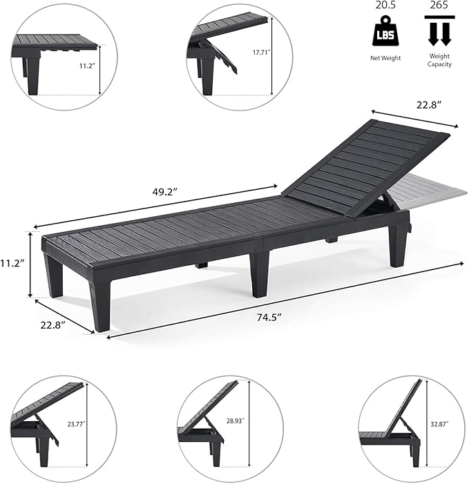 Nestl Patio Chairs - Black Chaise Lounge Chair Outdoor, 5-Position Adjustable...
