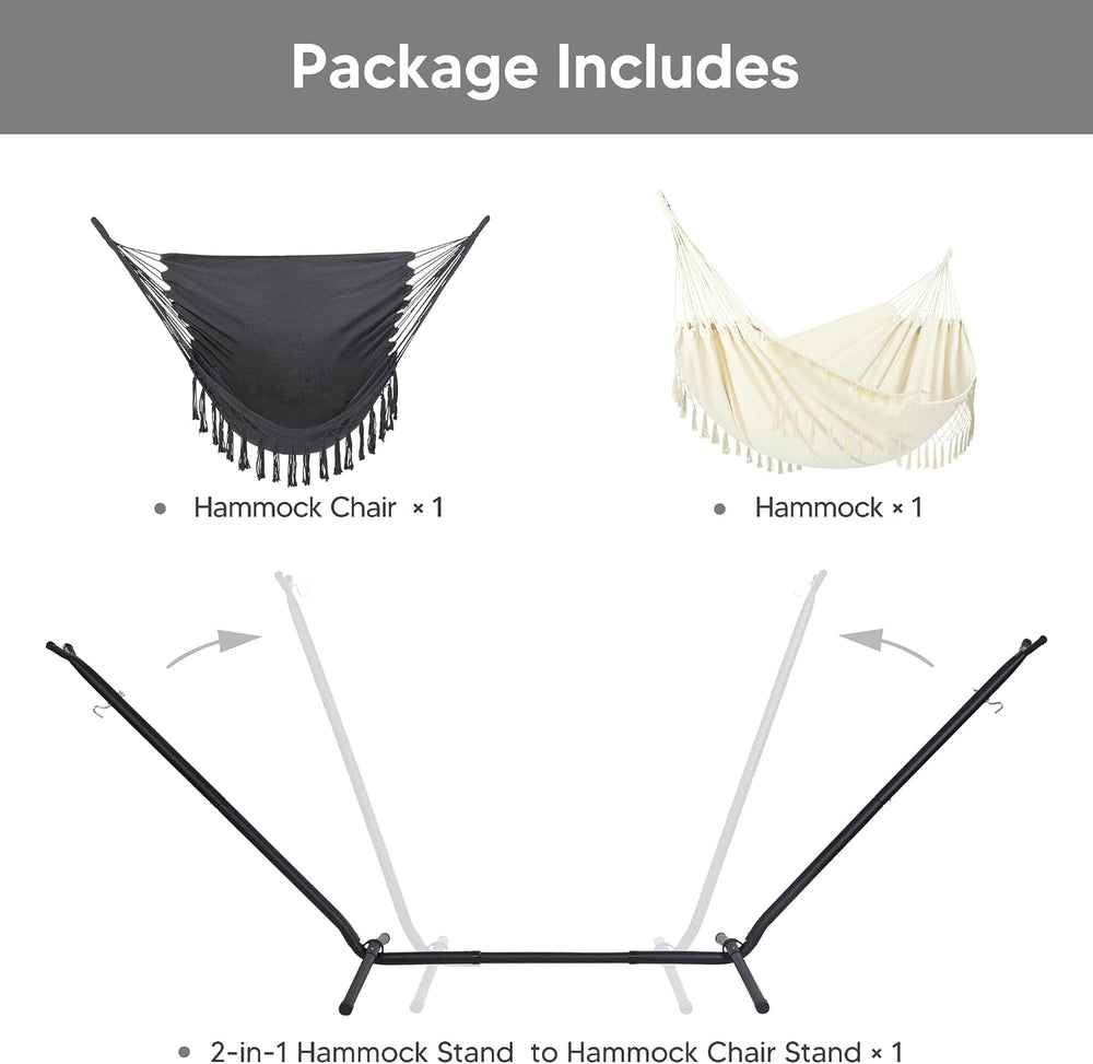 2-in-1 Convertible Portable Hammock with Stand, Natural Tassel