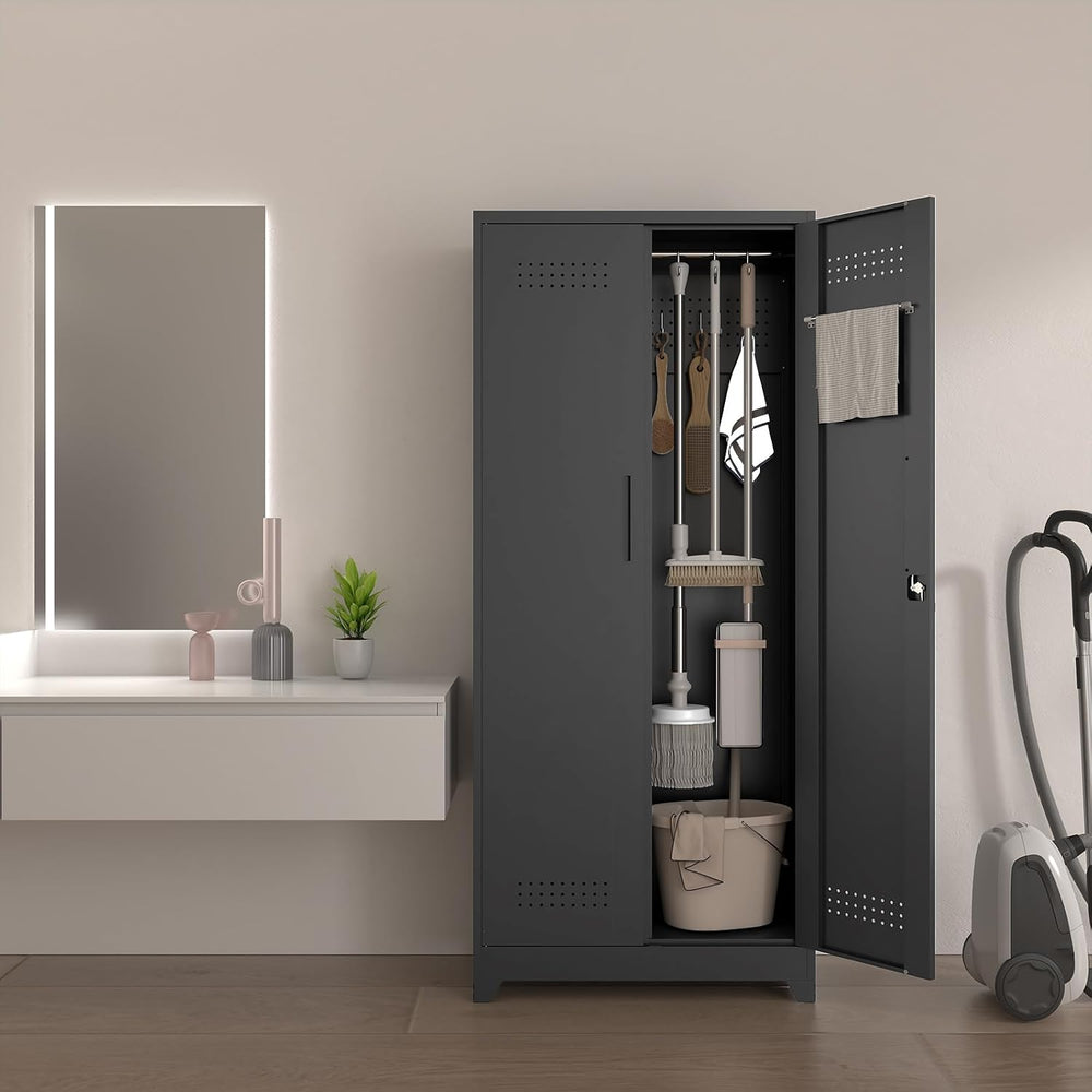 72" Tall Broom Closet Storage Cabinet, Metal Garage Storage Cabinet, Black