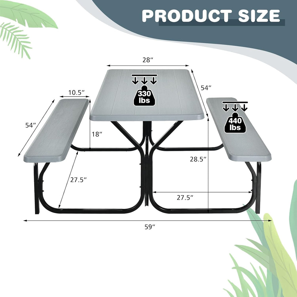 GYMAX Picnic Table, Picnic Bench Easy to Assemble w/All Weather Wood Grain Ta...