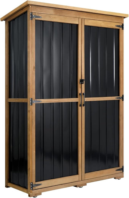Outdoor Storage Cabinet Waterproof with Shelves, Outdoor Storage Shed Garage Cabinet Weatherproof, Wood & Metal Outside Patio Backyard Garden Pool Storage Tool Organizer