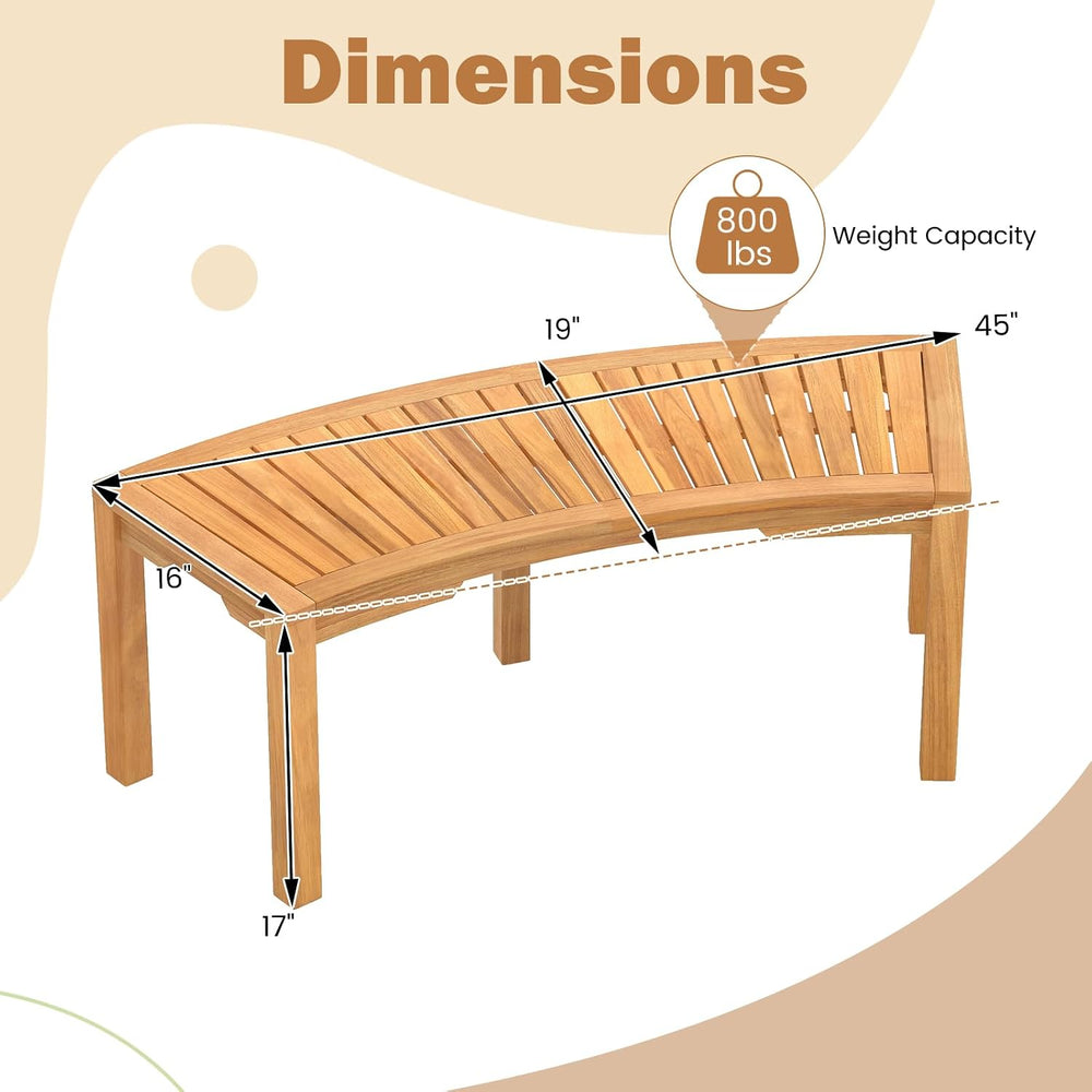 HAPPYGRILL Outdoor Curved Bench, Acacia Wood Backless Fire Pit Bench with Sla...