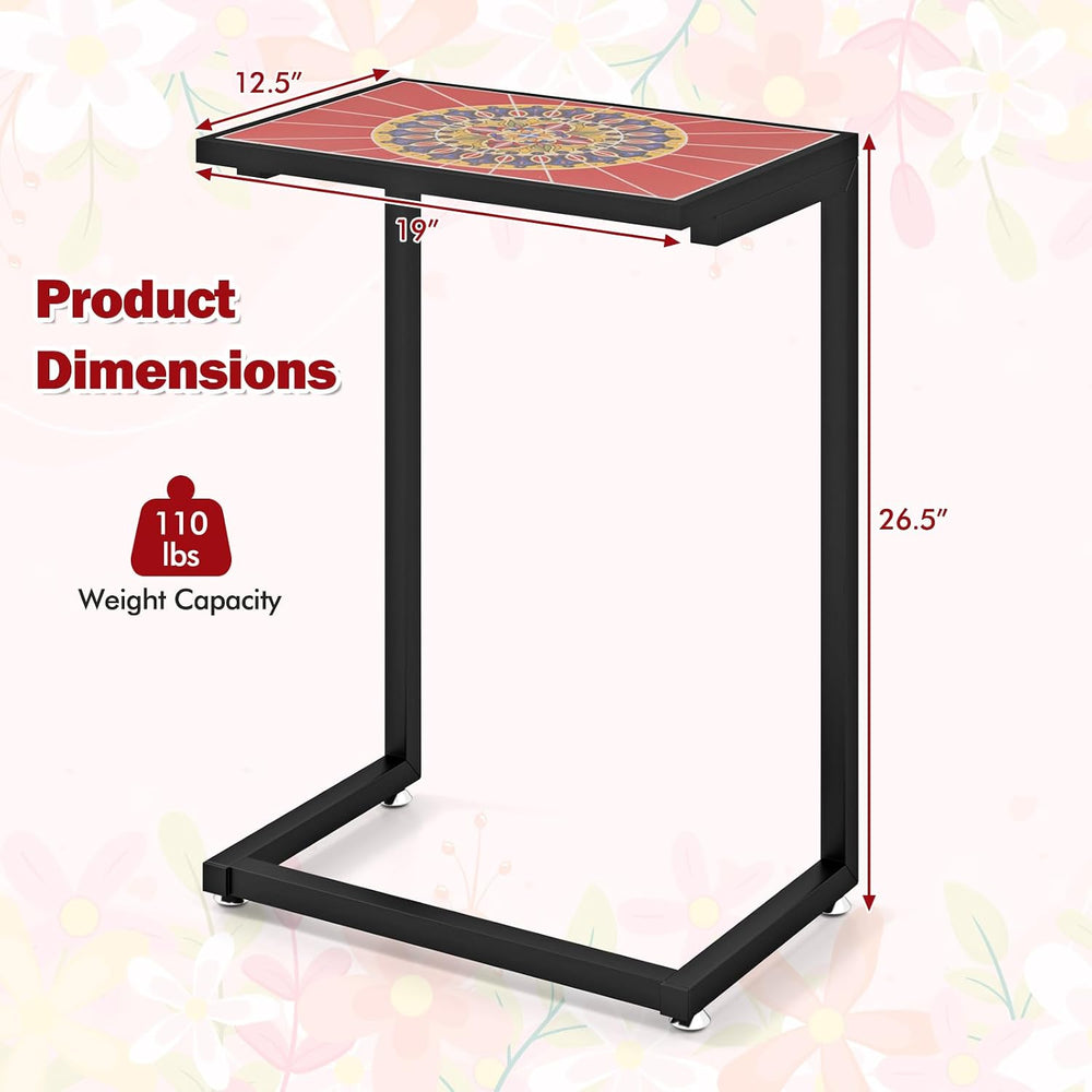 GIANTEX Mosaic C-Shaped Outdoor Side Table with Sturdy Metal Frame and Adjust...