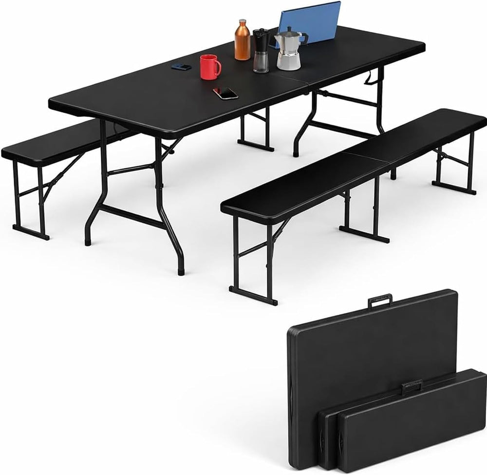 Simpli-Magic 6 Foot Folding Picnic Table Set with 2 Benches Portable Indoor O...