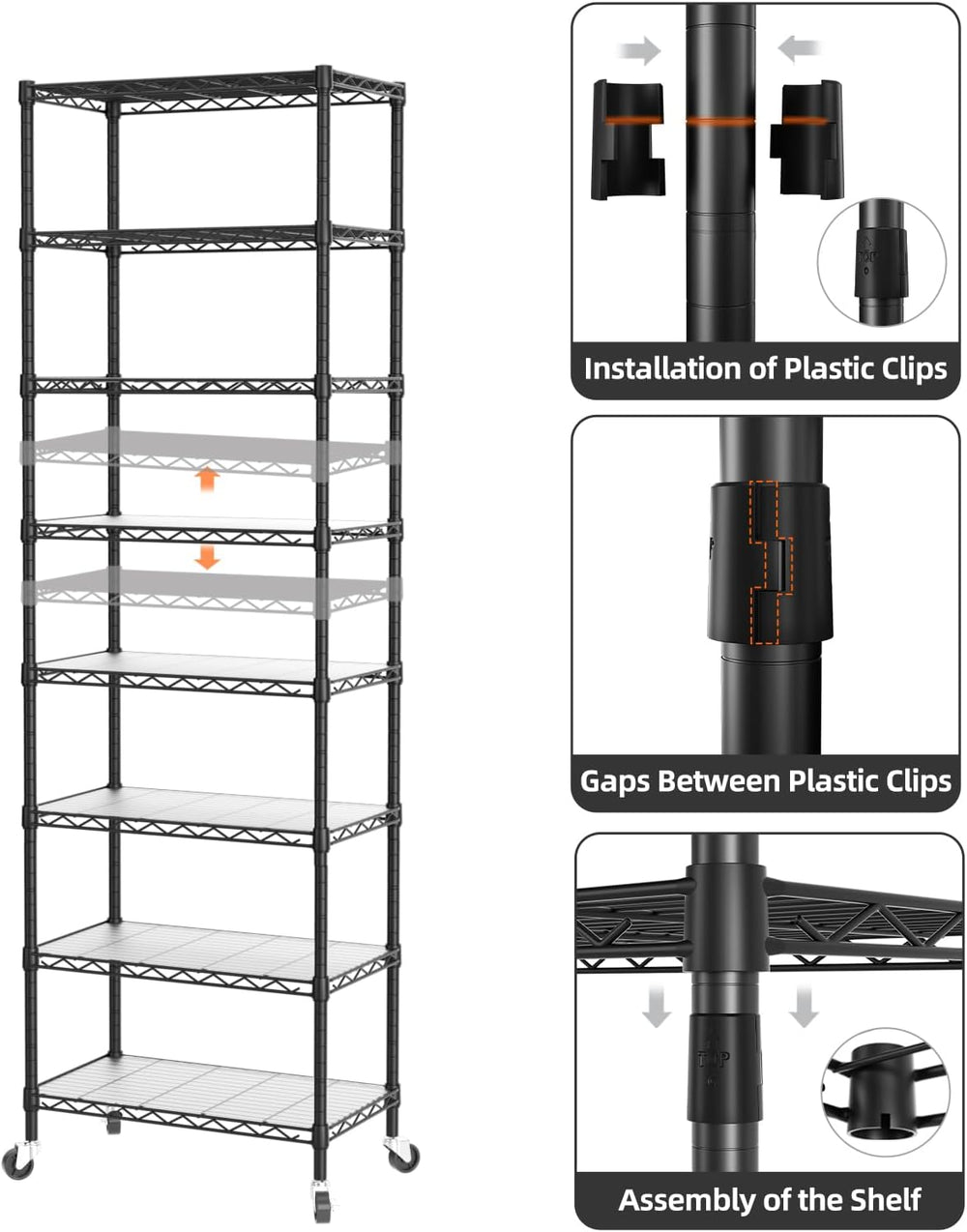 SINGAYE 8 Shelves Storage Wire Shelf Closet Metal Shelving Pantry Wheels