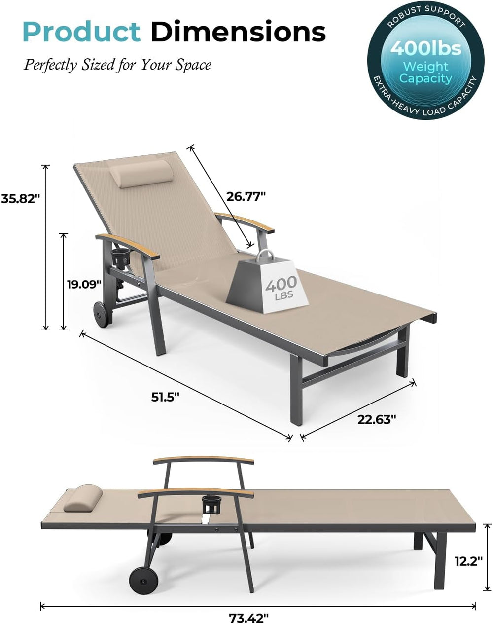Ciokea Outdoor Lounge Chair with Pillow, 5-Position Aluminum Chaise Lounge wi...