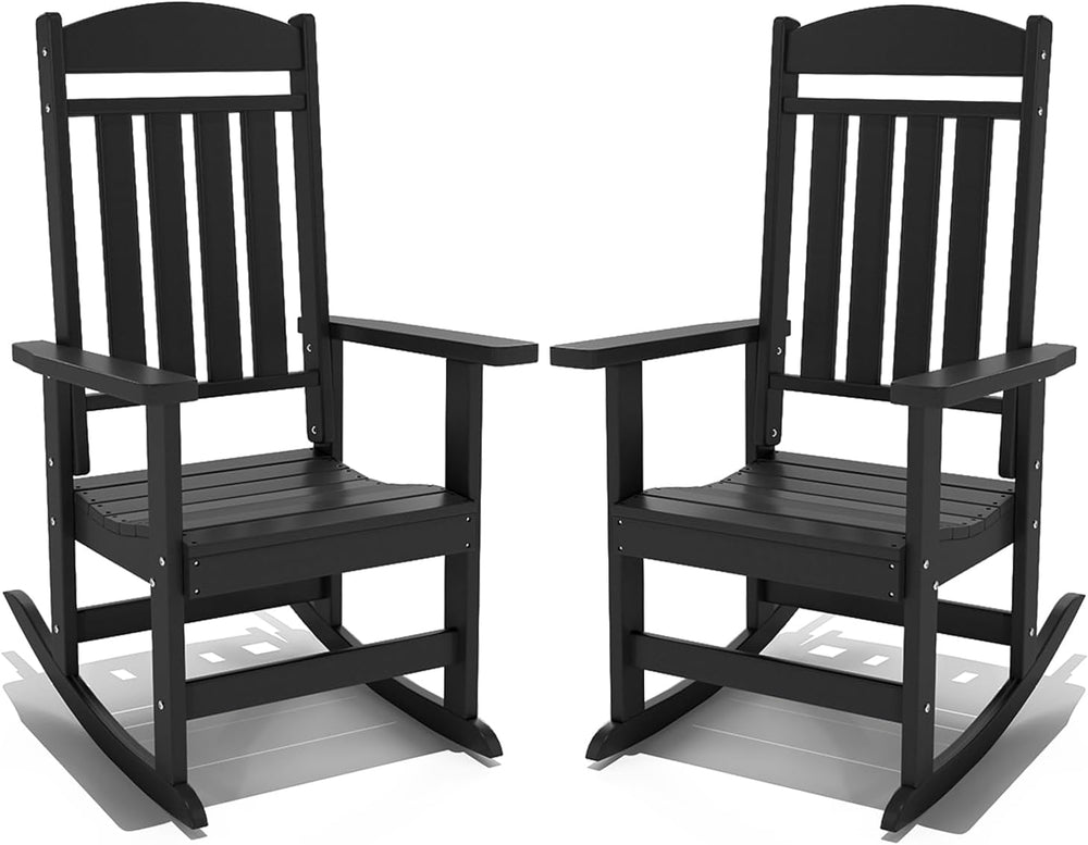 Outdoor Rocking Chairs Set of 2, High Back Rocker, HDPE, Black