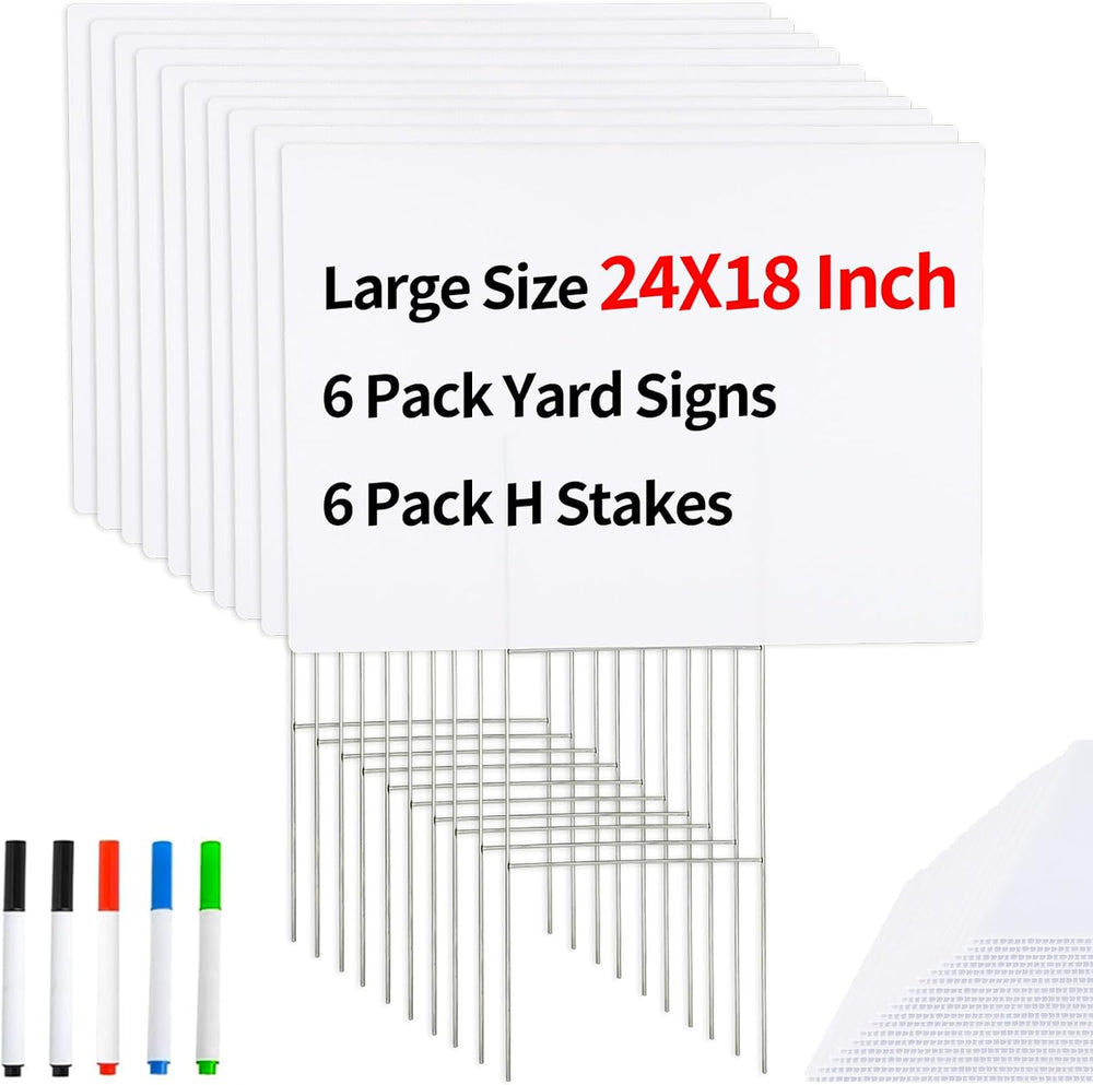 6 Pack Large Blank Yard Signs with Stakes, 18"x24" White Corrugated...
