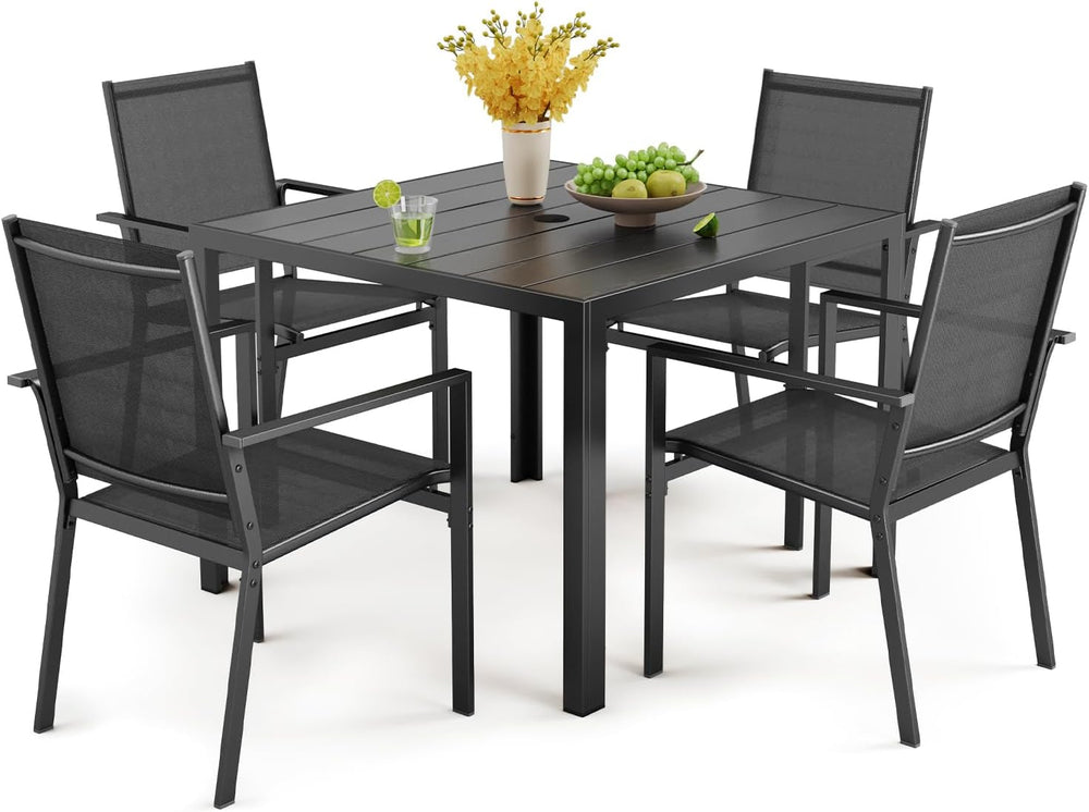 Outdoor Dining Set for 4 with Umbrella Hole, Black