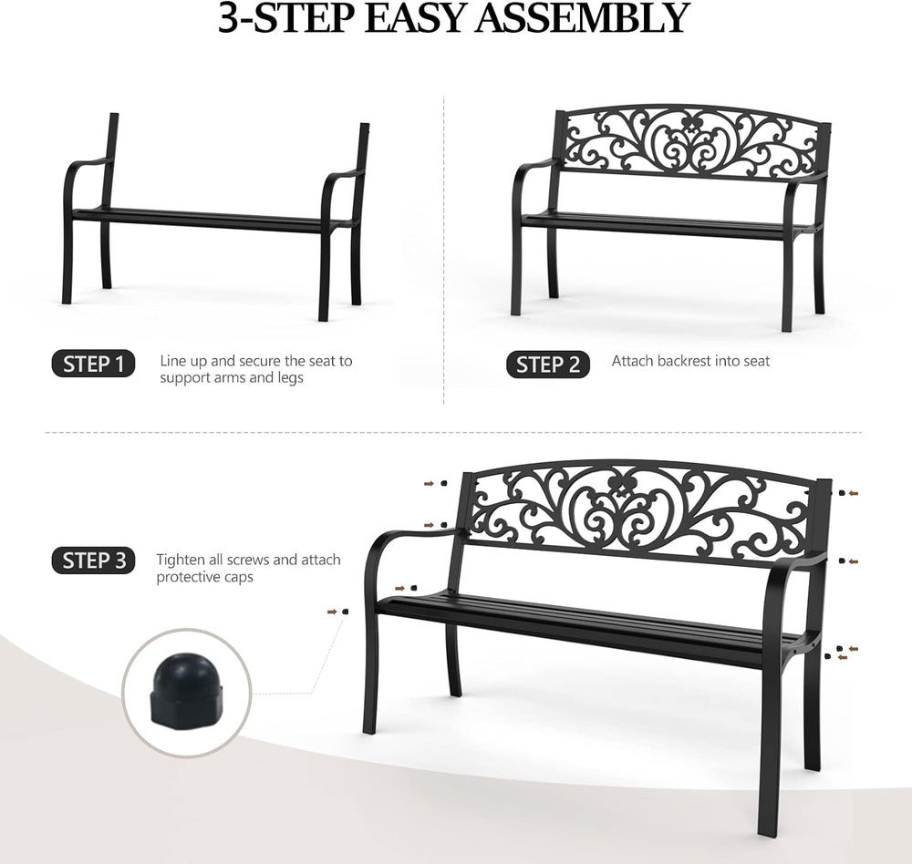VINGLI Outdoor Bench for Patio Metal Garden Bench w/PVC Back Pattern, Black P...