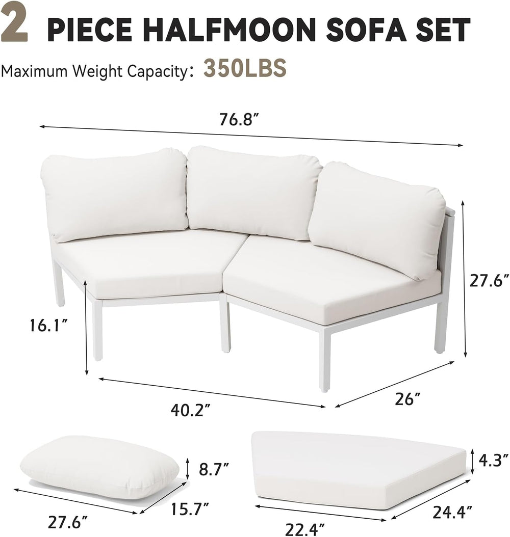 2-Seat Half-Moon Aluminum Patio Sofa Set, Outdoor Sectional, Beige