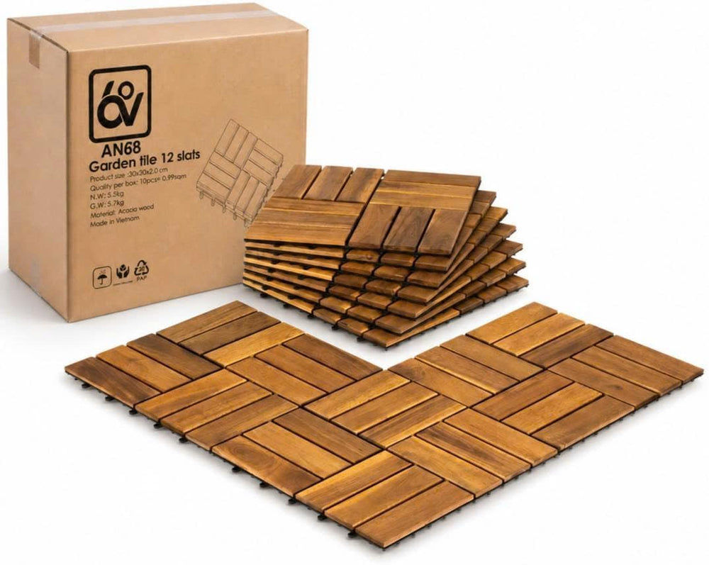 Interlocking Deck Tiles, 10 PCS 12" x 12" Acacia, Golden Teak Color