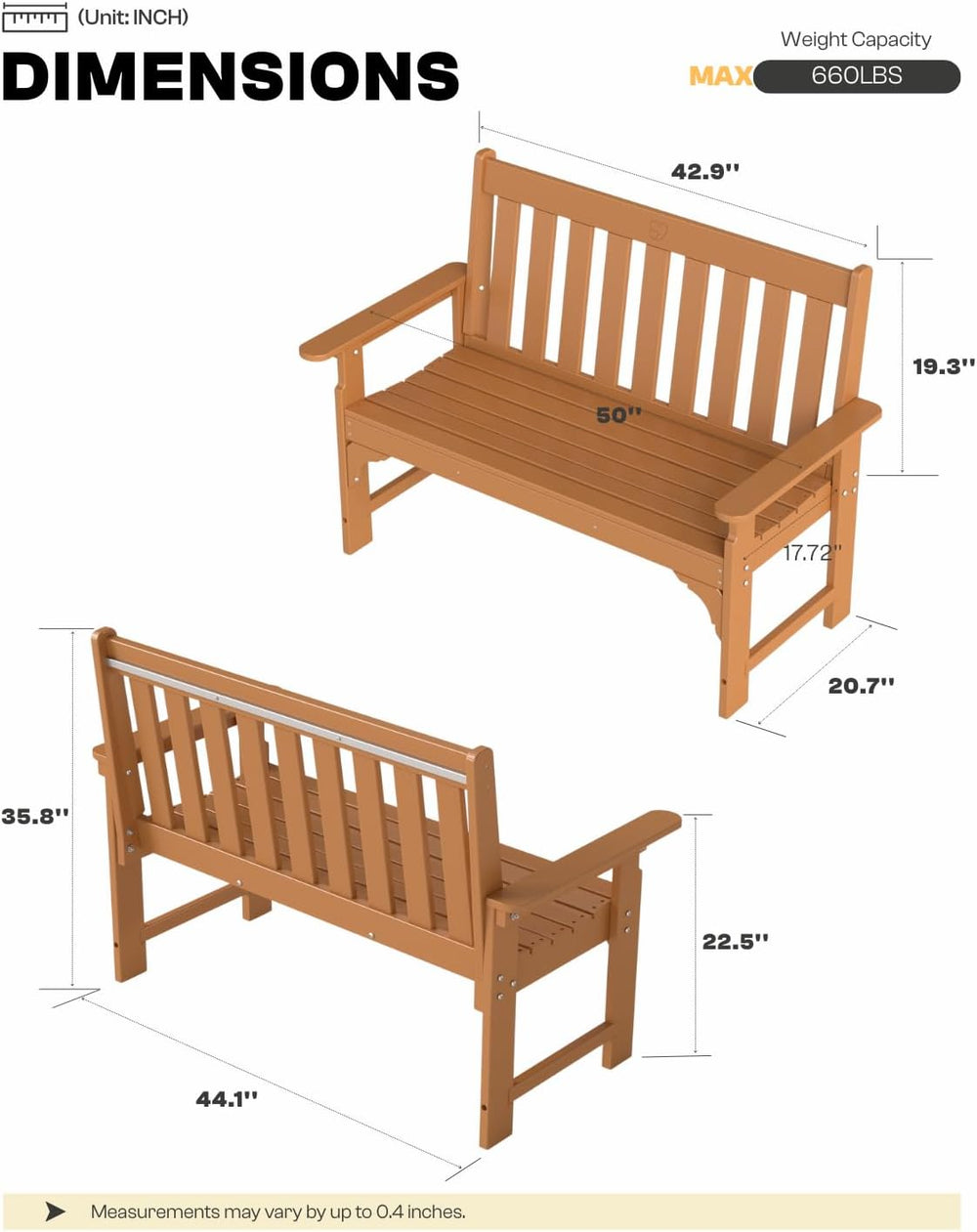 2-Person Outdoor Garden Bench, HDPE All-Weather Patio Bench with Backrest &am...