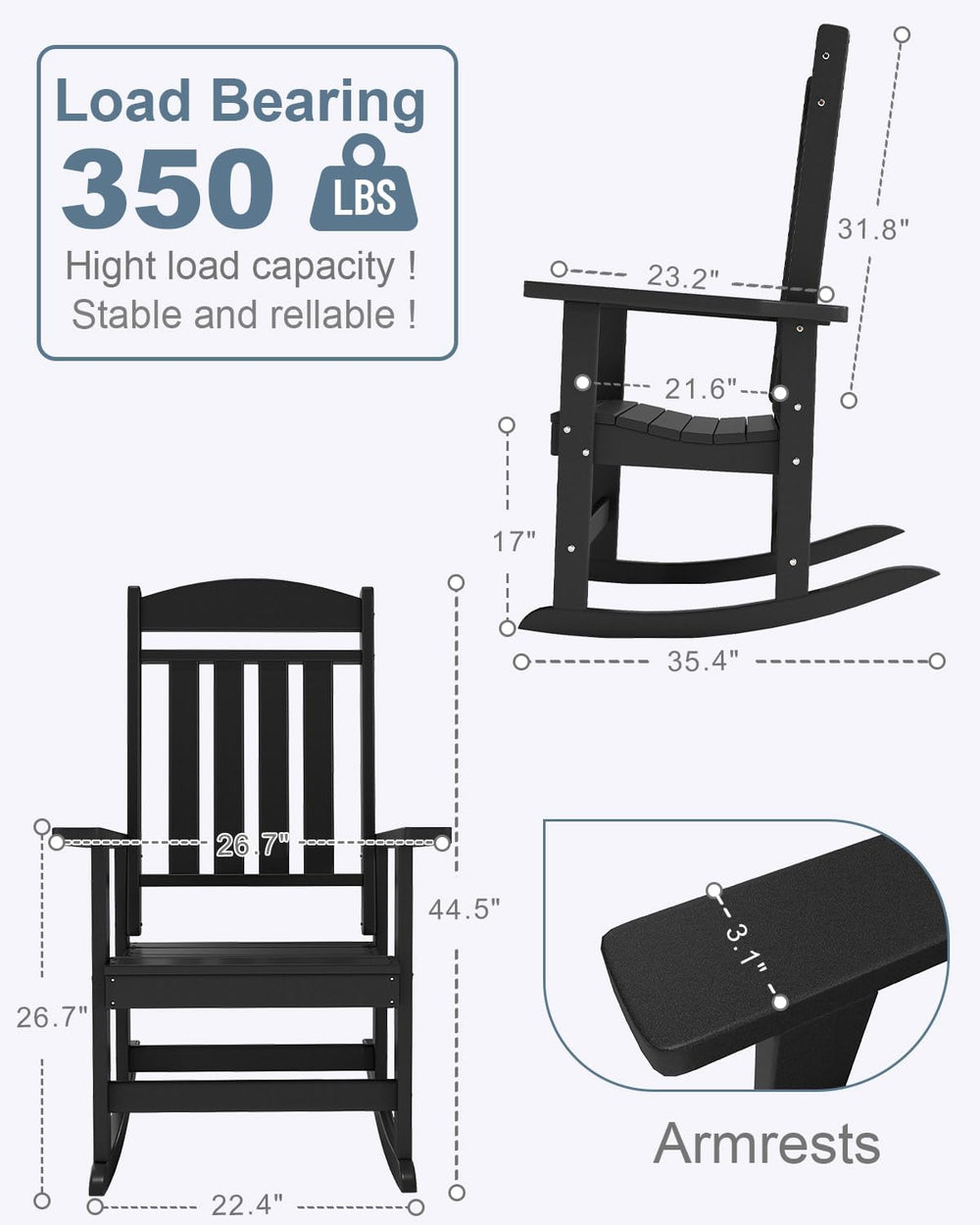 Outdoor Rocking Chairs Set of 2, High Back Rocker, HDPE, Black