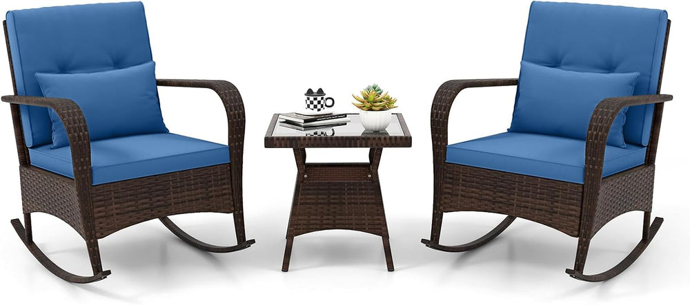 ORALNER 3 Pieces Outdoor Wicker Rocking Chair, Patio Furniture Set (Navy)