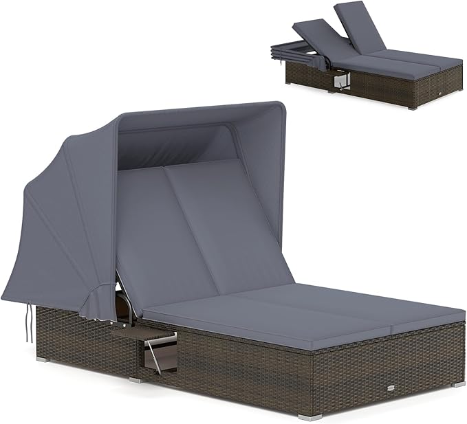 RELAX4LIFE Outdoor Rattan Daybed w/Canopy - Wicker Double Chaise Lounge w/6-P...