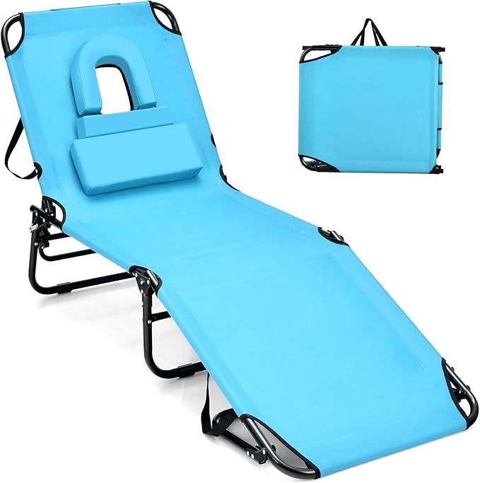 GYMAX Tanning Chair, 350lbs Beach Lounge Chair with Face Hole, Detachable Was...