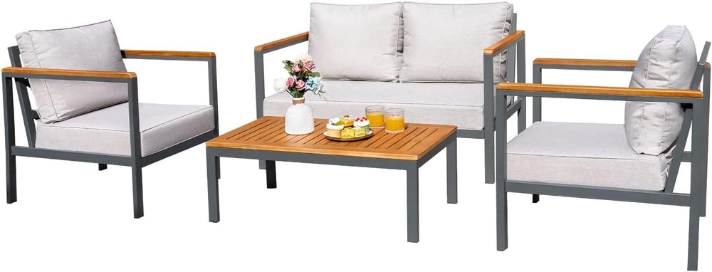 Greesum 4 Piece Furniture Patio Lounge Conversation Set Solid Wood Armrest &a...