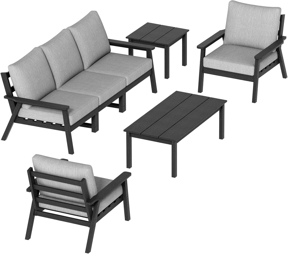 LOUNZY 7 Piece Patio Furniture Set,HDPE Outdoor Conversation Sets Black