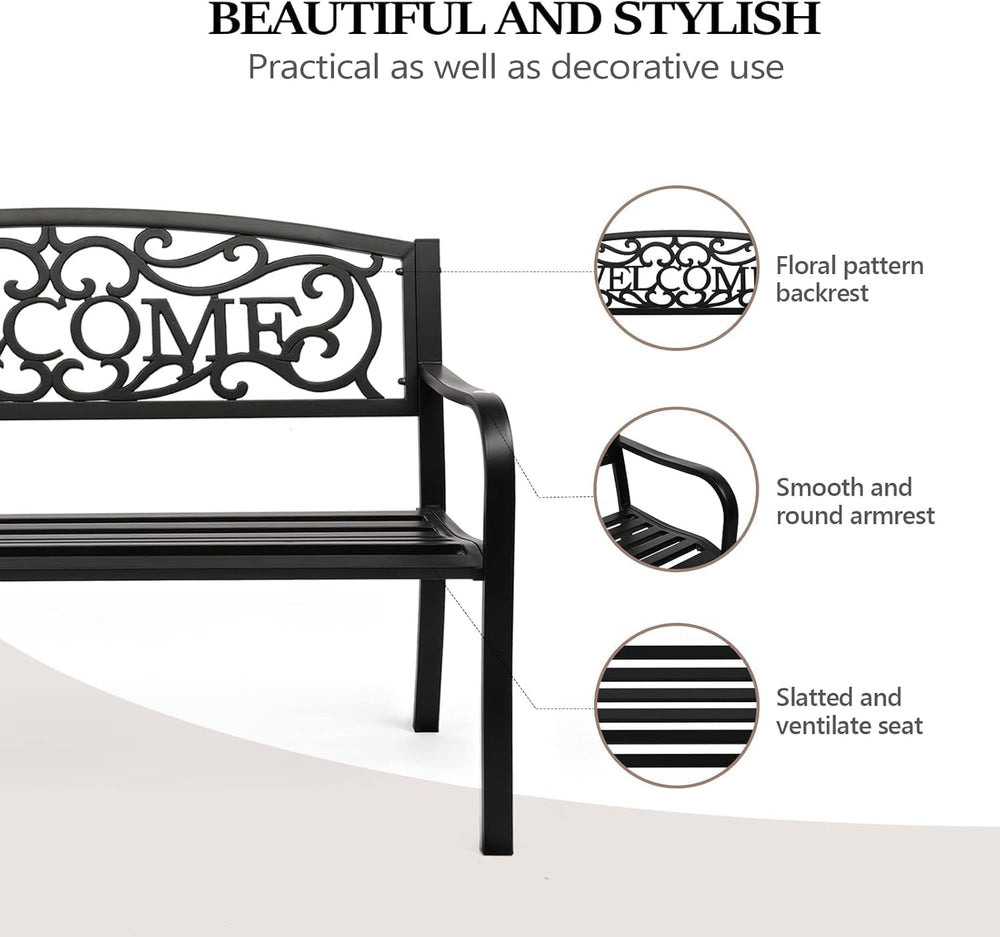VINGLI Outdoor Bench with PVC Welcome Back Pattern, Rust-Resistant Metal Blac...