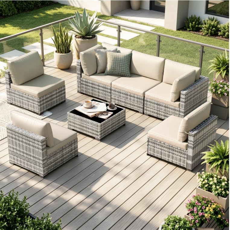 KIGOTY 7-Piece Patio Furniture Set, All-Weather PE Rattan Outdoor Sectional S...