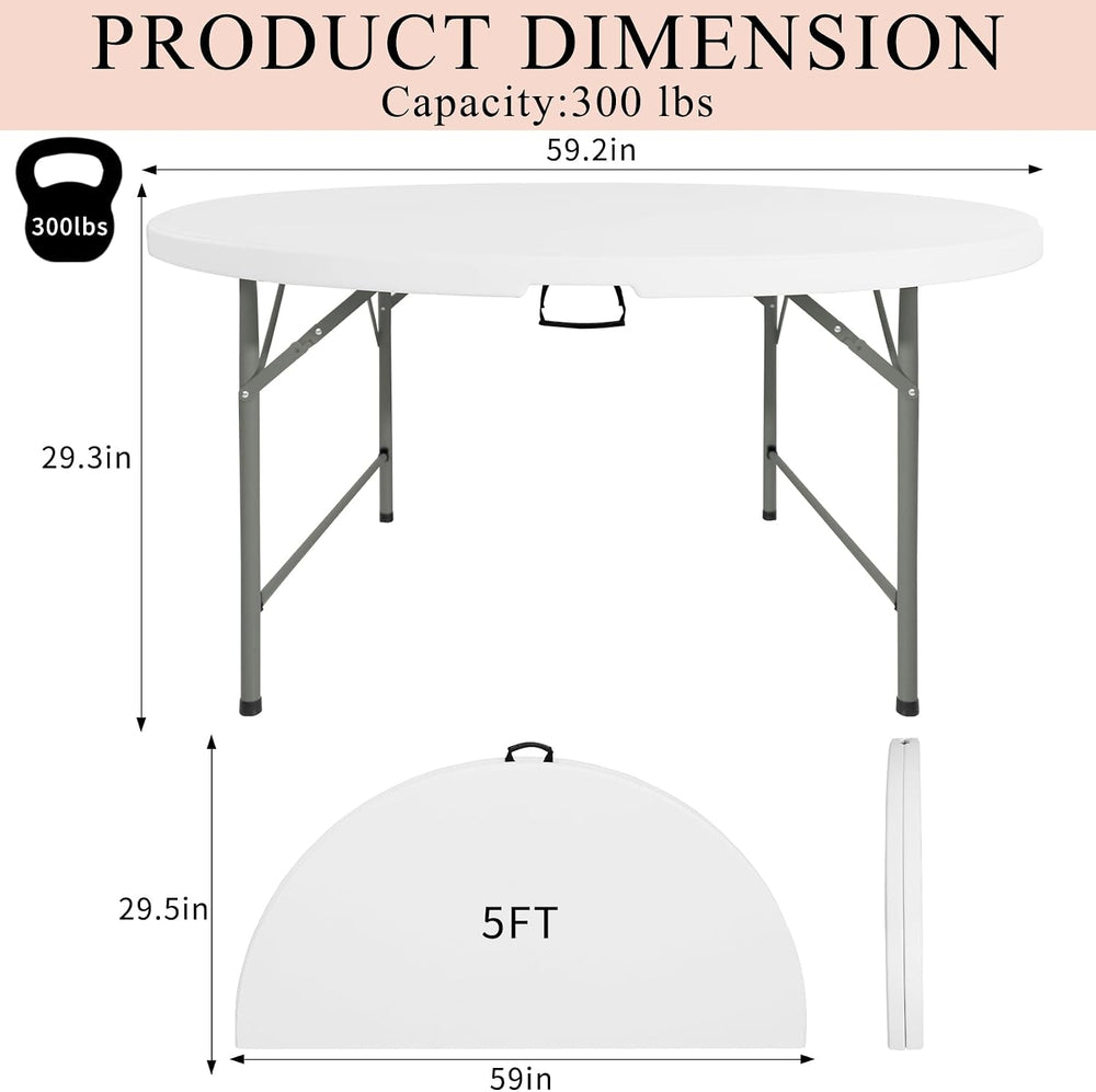 5 FT Round Folding Table | White | Portable Plastic Table
