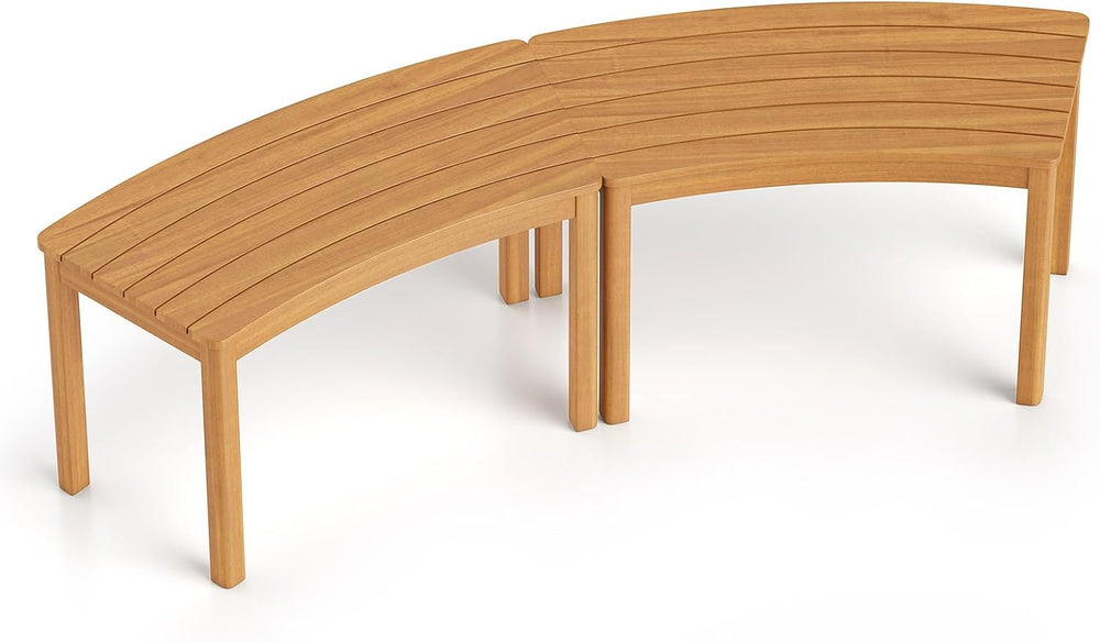 Tangkula Acacia Wood Outdoor Curved Bench Set of 2, Patio Garden Backless Fir...