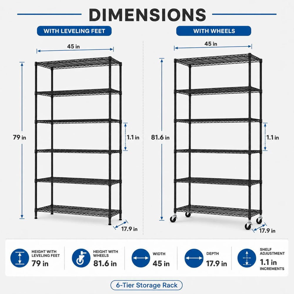 6-Tier Wire Shelving Unit with Wheels, 45 x 18 x 82 in, Black