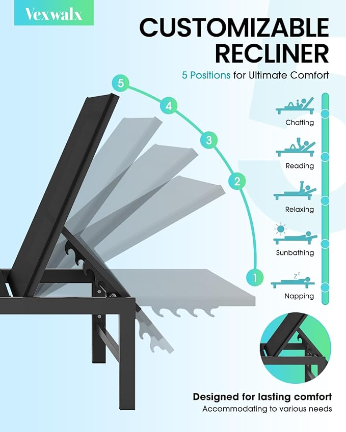 Outdoor Lounge Chairs Set of 3, Aluminum Chaise Lounge Chairs with 5-Position...