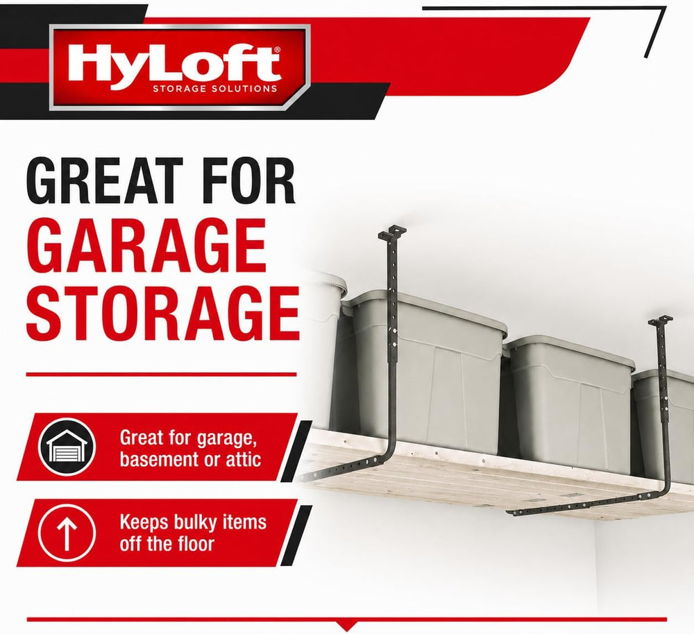 HyLoft Adjustable Garage Ceiling Mount Storage Rack Kit, Ceiling Shelving Mou...