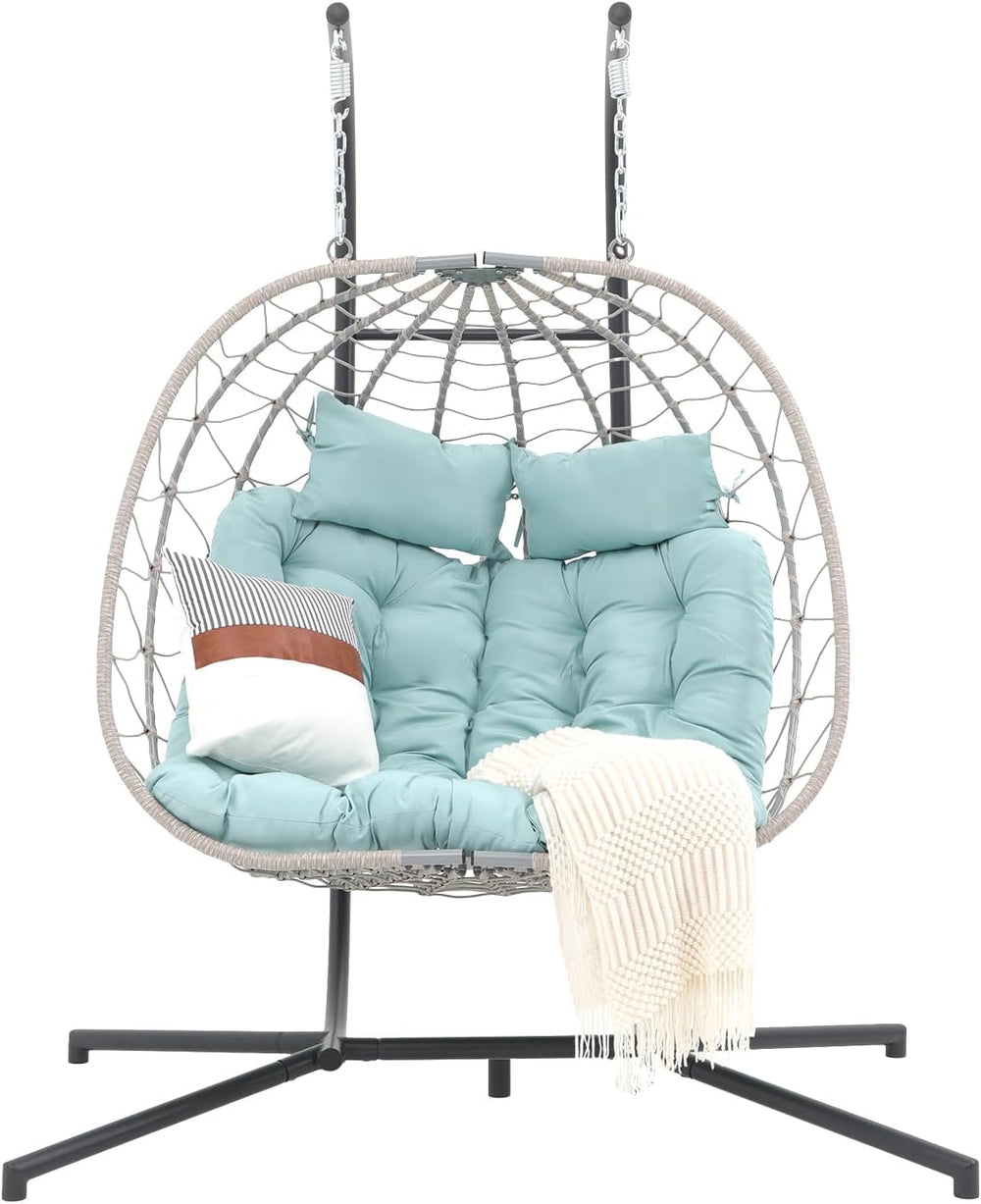 Patiorama 2 Person Double Egg Swing Chair with Stand, Wicker, Light Blue