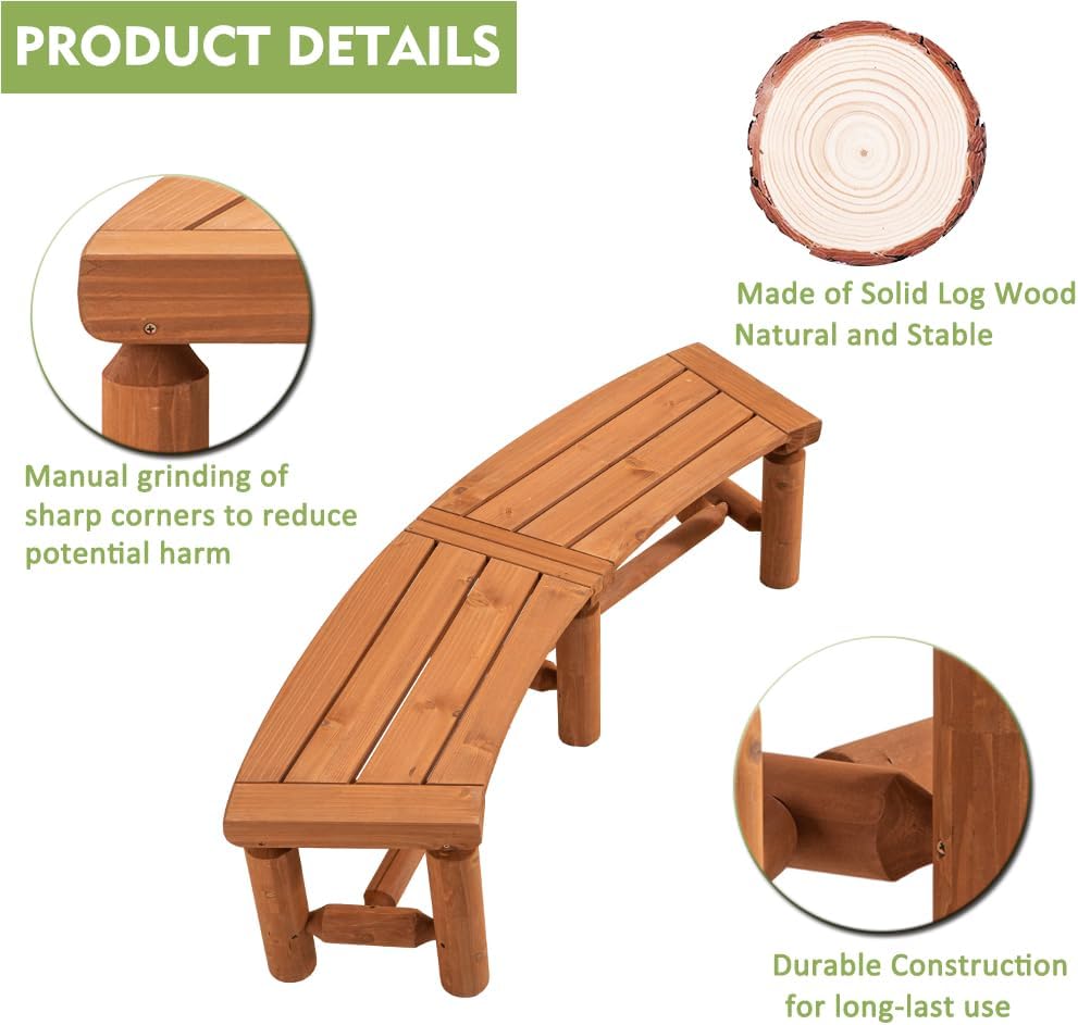 Outdoor Curved Backless Porch Bench, Cedar/Fir Wood Fire Pit Bench, Brown
