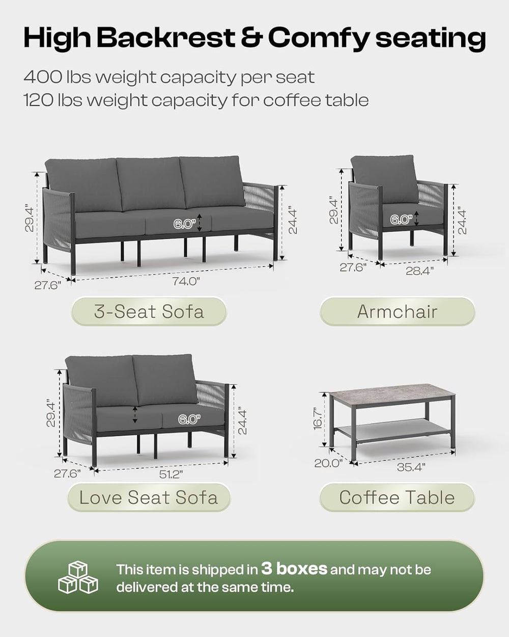 Aluminum Outdoor Patio Furniture Set with Dual-Layer Coffee Table, 4 Piece Mo...