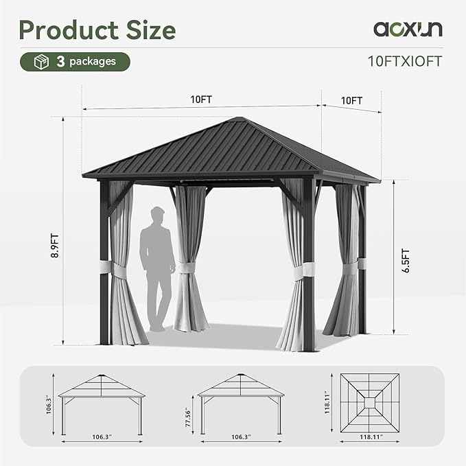 Aoxun Hardtop Gazebo 10x10, Aluminum Frame Canopy with Galvanized Steel Roof,...