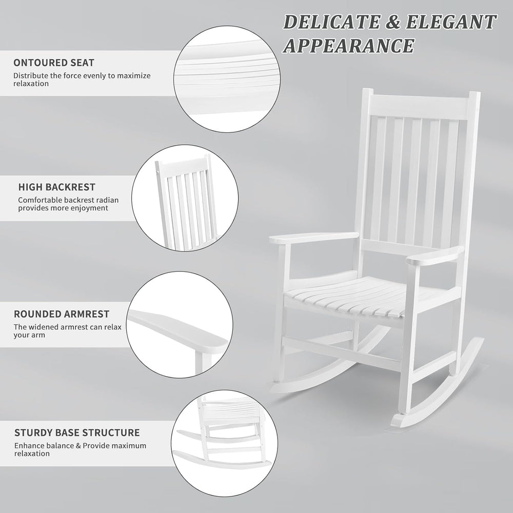Outvita Outdoor Rocking Chair, Solid Wood High Back Porch Rocker, White
